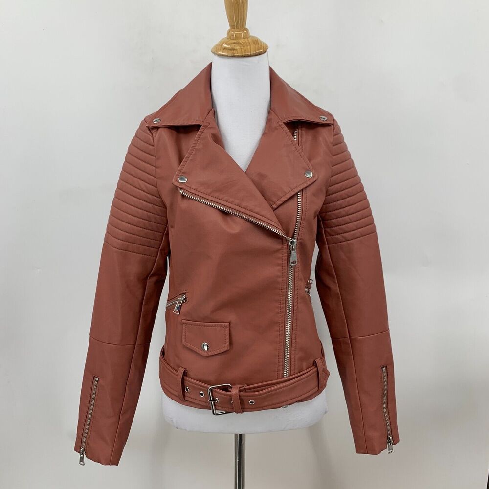 Love Tree Jacket Womens S Small Muave Faux Leather Moto Belted Size Zip Ribbed - Picture 2 of 12